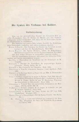 Die Syntax des Verbums bei Molière. Vorbemerkung.
