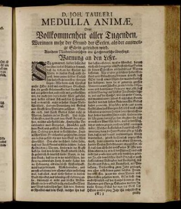 D. Joh. Tauleri Medulla Animæ, Oder Vollkommenheit aller Tugenden,[...]