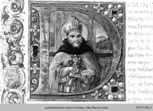 Augustinus: Epistolae : Textseite mit Randbordüre, Medaillons mit eingeschlossenen Imperatorenbüsten, Mediciwappen und historisierter Initiale D mit Augustinus