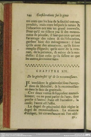 Chapitre XIV. De la générosité & de la reconnoissance