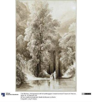 Gebirgslandschaft mit spitzbogigem Viadukt und zwei Frauen am Wasser