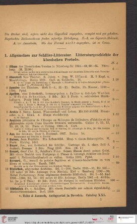 I. Allgemeines zur Schiller-Litteratur. Litteraturgeschichte der klassischen Periode (Nr. 1 - 197)