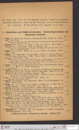 I. Allgemeines zur Schiller-Litteratur. Litteraturgeschichte der klassischen Periode (Nr. 1 - 197)