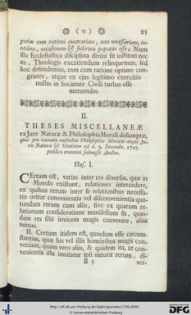 II. Theses Miscellaneae ex Jure Naturae et Philosophia Morali desumptae.
