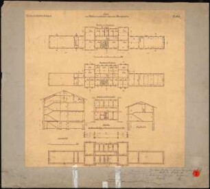 Technische Hochschule Berlin Mechanisch-Technische Versuchsanstalt: Grundrisse KG, EG, Schnitte A-B, C-D 1:200