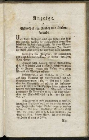 Anzeige. Bibliothek für Kinder und Kinderfreunde