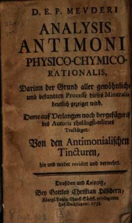 D. E. P. Meuderi Analysis Antimonii Physico-Chymico-Rationalis : Darinn der Grund aller gewöhnlichen und bekandten Processe dieses Mineralis deutlich gezeiget wird