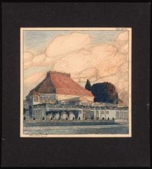 Ausstellungsgebäude für eine Gartenbaugesellschaft Schinkelwettbewerb 1907: Perspektivische Ansicht von der Straße aus