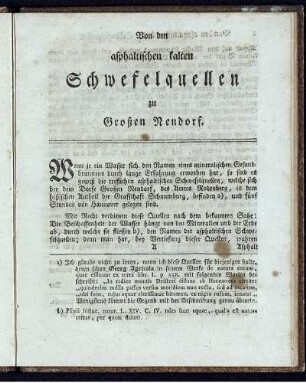 Von den asphaltischen kalten Schwefelquellen zu Großen Nendorf.