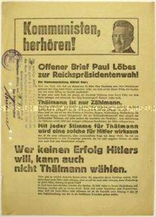 Aufruf der SPD an KPD-Anhänger zur Wahl von Paul von Hindenburg zum Reichspräsidenten 1932