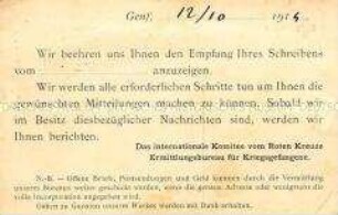 Benachrichtigungskarte des Ermittlungsbüros für Kriegsgefangene des Roten Kreuzes