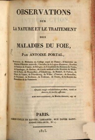 Observations sur la nature et le traitement des maladies du foie