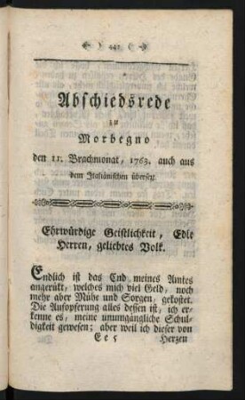 Abschiedsrede zu Morbegno den II. Brachmonat, 1763. auch aus dem Italiänischen übersezt