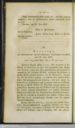 VI. Rescript, das Patronatrecht römisch-katholischer Gutsbesitzer betreffend vom 28. Juli 1807