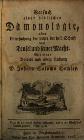 Versuch einer biblischen Dämonologie, oder Untersuchung der Lehre der heil. Schrift vom Teufel und seiner Macht
