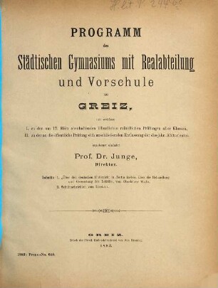 Programm des Städtischen Gymnasiums mit Realabteilung und Vorschule zu Greiz. 1882/83