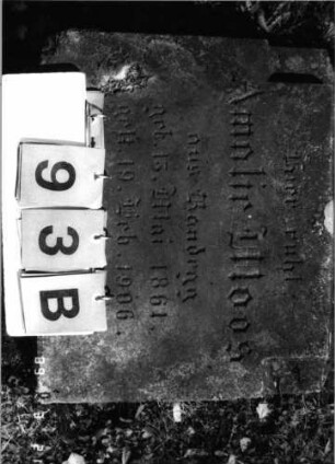 Grabstein 93 (Index: 99792626) Material: Sandstein Zustand: verwitt/abgeblätt/Textverl/beschäd. Maße HxBxT: 115x51x18 cm Beschreibung: Stele, Sockel, Volutenabschluß Symbolik: Voluten: Grabstein 93B