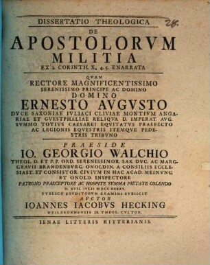 Dissertatio Theologica De Apostolorvm Militia Ex 2 Corinth. X, 4. 5. Enarrata