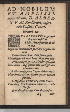 Ad Nobilem Et Amplissmum , D. Albertum Kindlerum, inferioris Lusatiae Cancellarium etc.