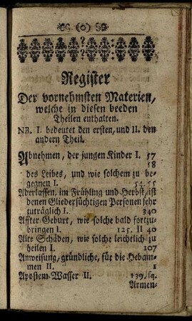 Register Der vornehmsten Materien, welche in diesen beeden Theilen enthalten