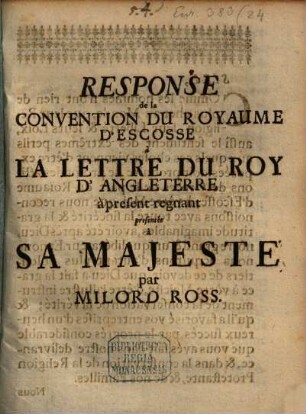 Response de la Convention du Royaume d'Ecosse à la Lettre du roy d'Angleterre