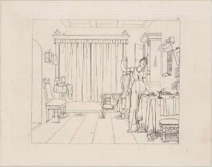 Zu Goethes "Faust": Blatt 13 (11): Gretchen erblickt den neuen Schmuck und nimmt die Kette in die Hand