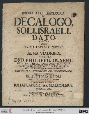 3: Exercitatio. Theologica. De. Decalogo. Soli. Israeli. Dato. ...