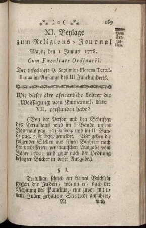 XI. Beylage zum Religions-Journal. Maynz den 1 Junius 1778