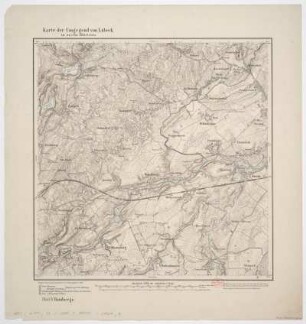 Karte der Umgebung von Lübeck, 1:25 000, Lithographie, 1877 : Karte der Umgegend von Lübeck : in sechs Blättern. - Aufn. 1877, hrsg. 1880. - 1:25 000. - [Berlin] : Königl. Preuss. Landes-Aufnahme , 1880. - 1 Kt. auf 6 Bl. : mehrfarb. ; Blattgr. je 44 x 45 cm. Mit Höhenlinien und Bergstrichen. - Bl. 1 u. d. T.: Curau. - Bl. 2 u. d. T.: Schwartau. - Bl. 3 u. d. T.: Travemünde. - Bl. 4 u. d. T.: Hamberge. - Bl. 5 u. d. T.: Lübeck. - Bl. 6 u. d. T.: Schönberg. - Die Bl. entsprechen d. späteren Meßtischbl. mit d. Nummern 2029-2031 u. 2129-2131