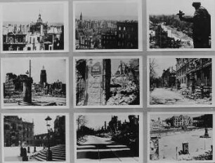 Ausstellungstafel mit Szenen aus dem sowjetischen Dokumentarfilm "Die Befreiung Dresdens", 1945. Dresden, Galerie Nord. Ausstellung "Borchert, Christian, Dresden - Bilder aus Dokumentarfilmen 1913–1949"