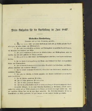 Preis-Aufgaben für die Ausstellung im Juni 1847.