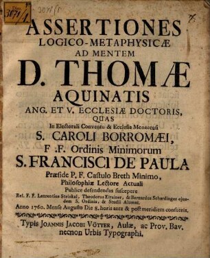 Assertiones logico-metaphysicae ad mentem S. Thomae Aquinatis