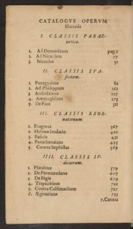 Catalogvs Opervm Isocratis.