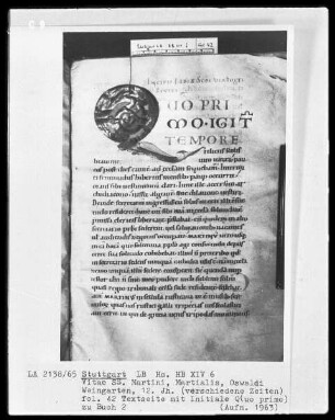 Sulpicius Severus und Pseudo Aurelianus - Vitae Sanctorum Martini, Martialis, Oswaldi — Sulpicius Severus, Folio 1recto-70verso — ---, Folio ---Initiale Q (uo primo), Folio 42 recto