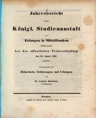Jahresbericht über die Königliche Studienanstalt zu Erlangen : für das Studienjahr .... 1849