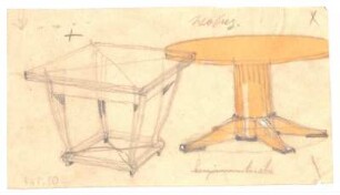 Entwürfe vonTischen : Studie eines runden Tischs, Skizze eines rechteckigen Tischs; handschriftliche Anmerkungen