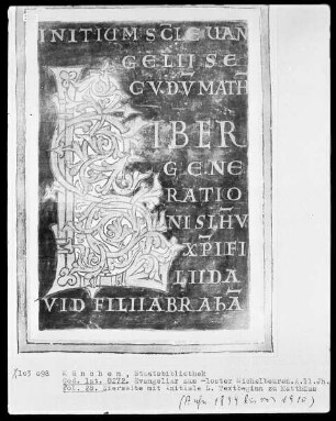 Evangeliar aus Kloster Michelbeuren — Initialseite L(iber generationis), Folio 28recto
