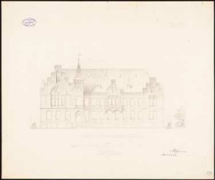 Landratsamt (Kreishaus), Marienburg Monatskonkurrenz März 1893 (wahrscheinlich die Originalzeichnung): Aufriss Vorderansicht 1:100