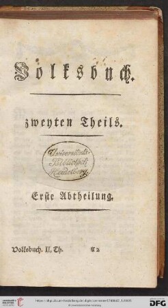Volksbuch zweyten Theils erste Abtheilung
