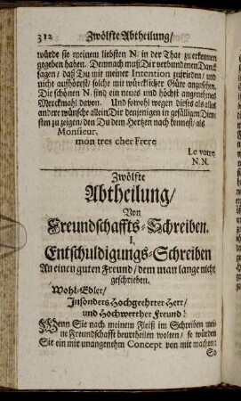 Zwölfte Abtheilung/ Von Freundschaffts-Schreiben