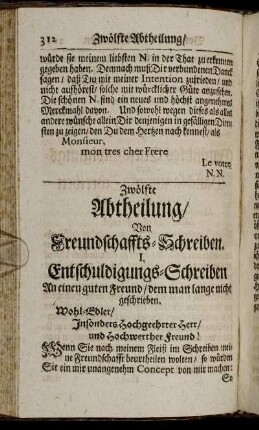 Zwölfte Abtheilung/ Von Freundschaffts-Schreiben