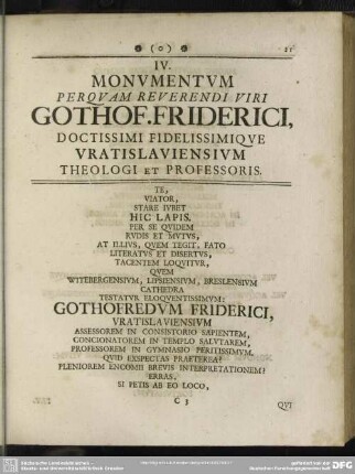 IV. Monumentum Perquam Reverendi Viri Gothof. Friderici, Doctissimi Fidelissimique Vratislaviensium Theologi et Professoris