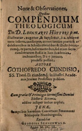 Leonharti Hütteri Compendium theologicum