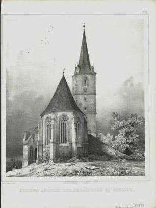 Ansicht der Bergkirche zu Schleiz, Lithografie, um 1838 : Äussere Ansicht der Bergkirche zu Schleiz / Gez. v. Patzschke. Lith. v. Loeillot. - [Leipzig] ; Berlin : L. Sachse , [um 1838]. - 1 Kunstbl. : Lithographie ; 23 x 27 cm +++ Auch enth. in: Denkmale der Baukunst des Mittelalters in Sachsen. - Oben rechts: No.2