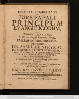 Disputatio Inauguralis De Iure Papali Principum Evangelicorum