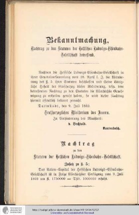 Bekanntmachung, Nachtrag zu den Statuten der hessischen Ludwigs-Eisenbahn-Gesellschaft betreffend