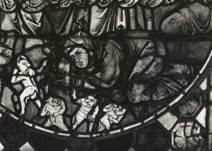 Erfurt. Barfüßerkirche. Chor. Farbige Glasfenster (nach der Restaurierung 1960). Ostfenster, Mittelbahn, Zeile 12: Gastmahl im Hause des Simon mit der Fußwaschung und Salbung Christi durch Magdalena. Ausschnitt: untere Hälfte des Medaillon (spätromanisch)