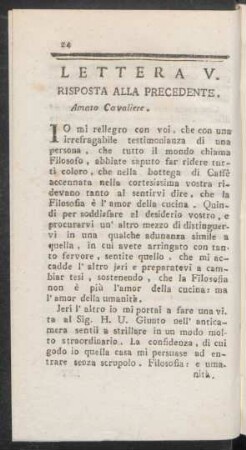 Lettera V. Risposta alla Precedente