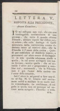 Lettera V. Risposta alla Precedente