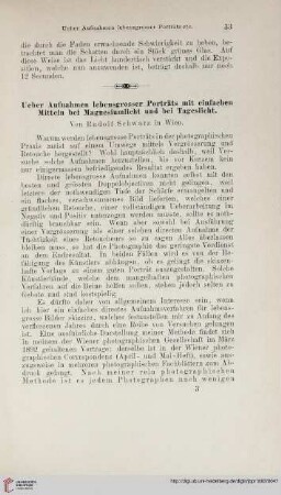 Ueber Aufnahmen lebensgrosser Porträts mit einfachen Mitteln bei Magnesiumlicht und bei Tageslicht